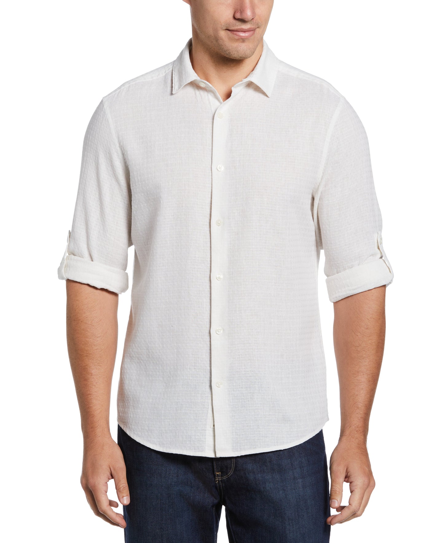 Linen Blend Dobby Roll Sleeve Shirt
