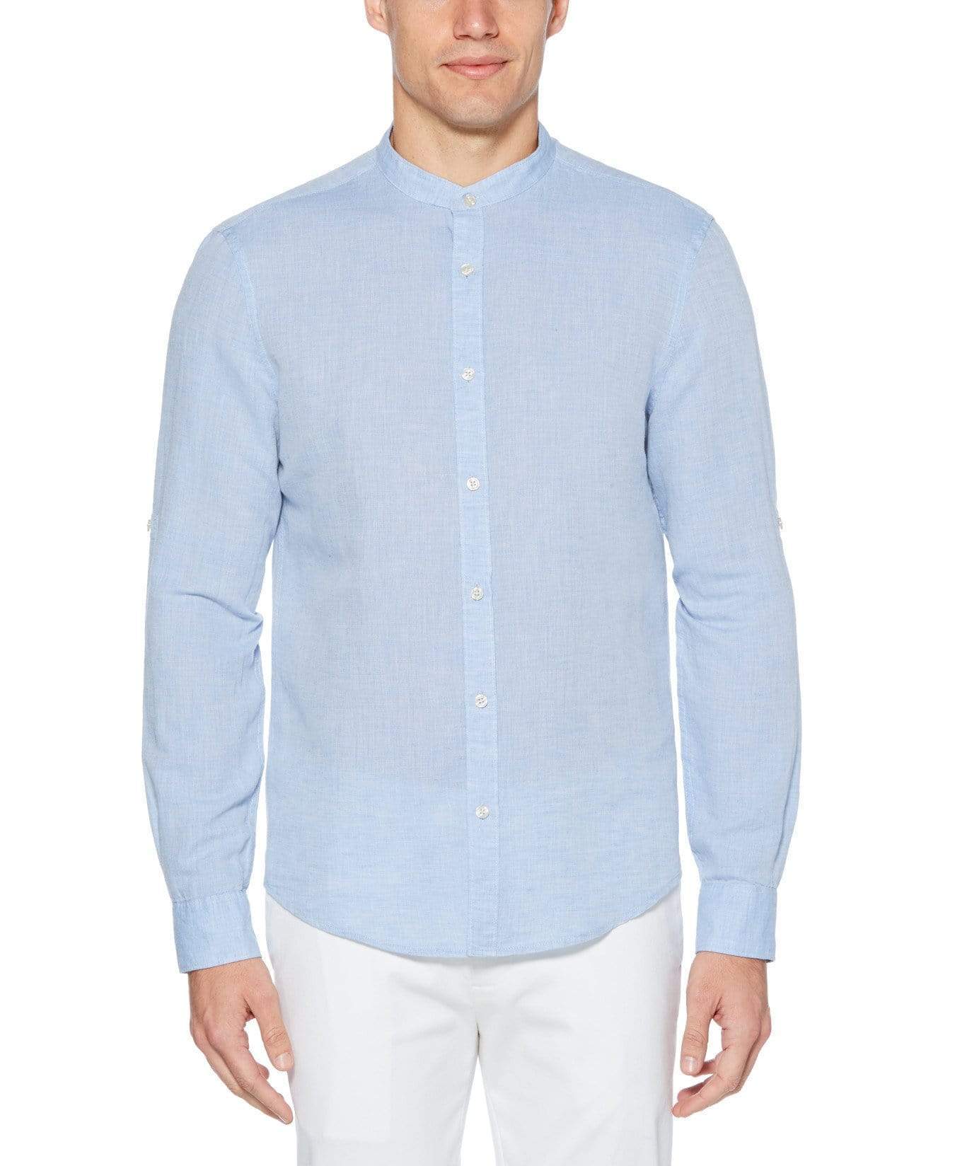 Linen Cotton Rolled Sleeve Banded Collar Shirt