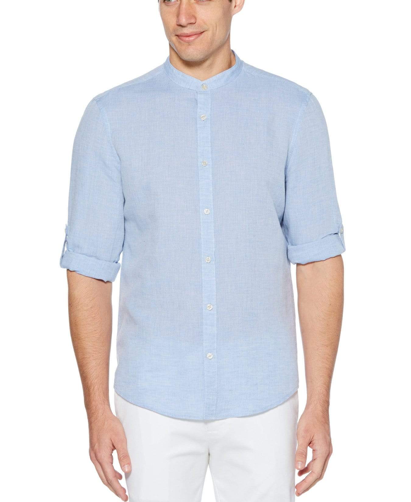 Linen Cotton Rolled Sleeve Banded Collar Shirt