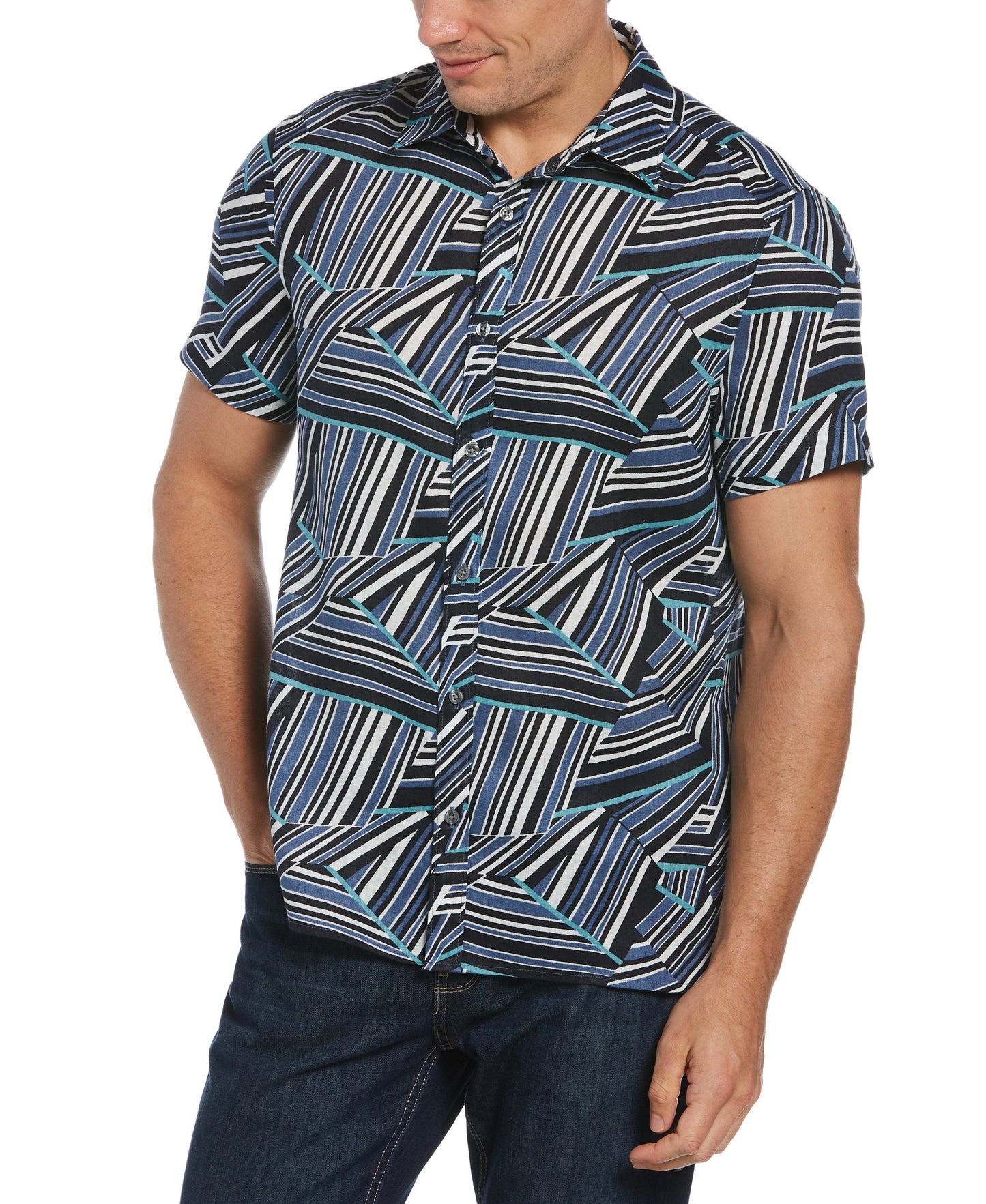 Untucked Linen Blend Abstract Print Shirt