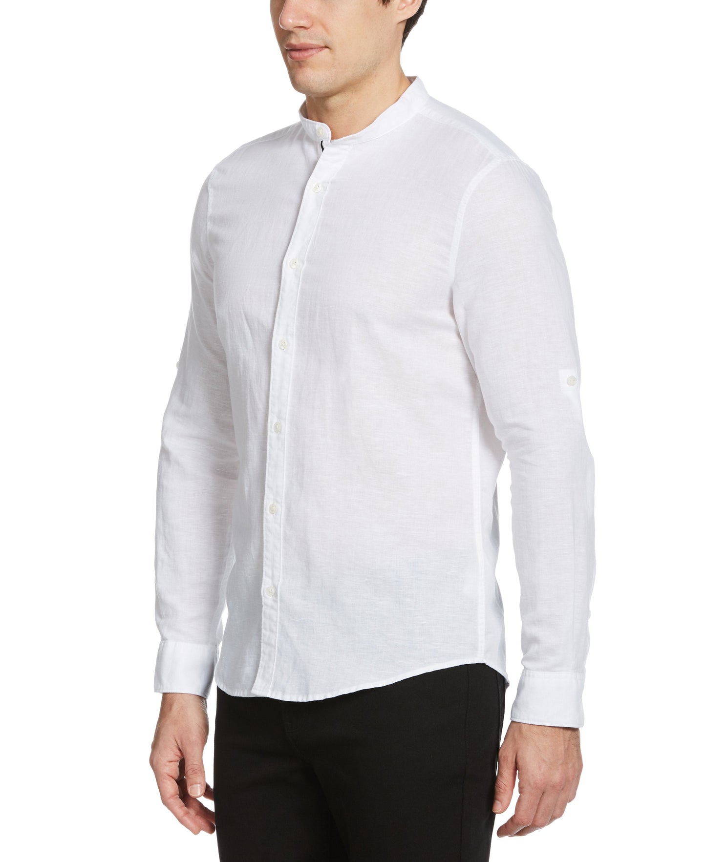 Untucked Linen Blend Roll Sleeve Slim Fit Banded Collar Shirt