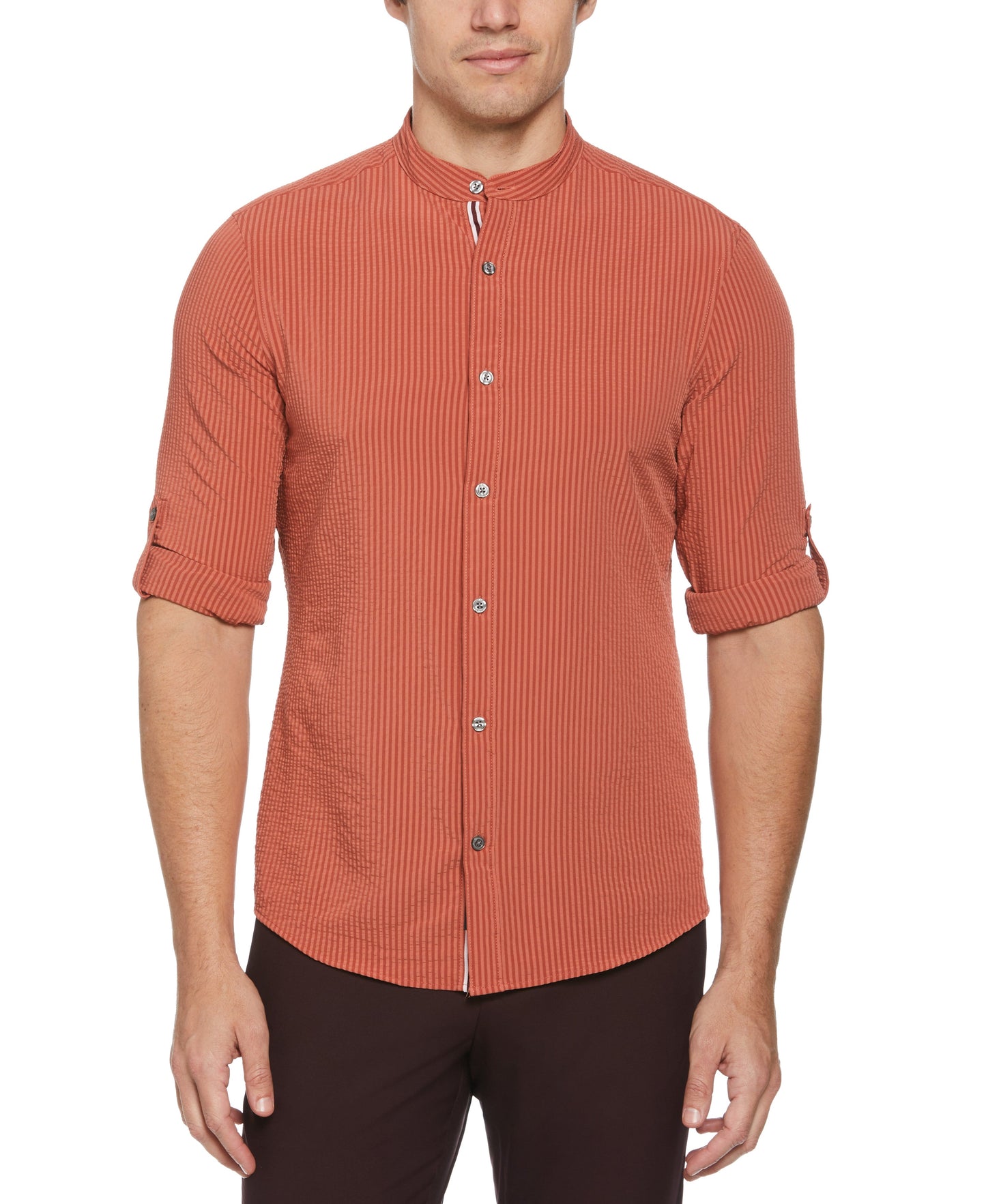 Untucked Roll Sleeve Slim Fit Seersucker Stretch Shirt